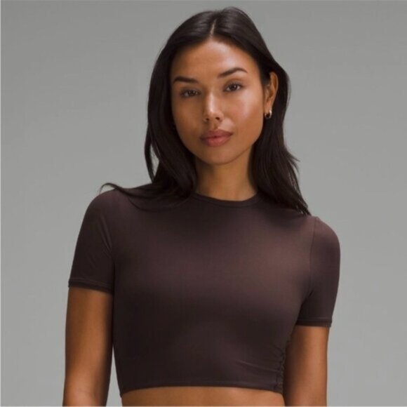 🛑 Lululemon Brown Wundermost Ultra-Soft Nulu Crewneck Cropped T-shirt Top - S - Picture 1 of 10